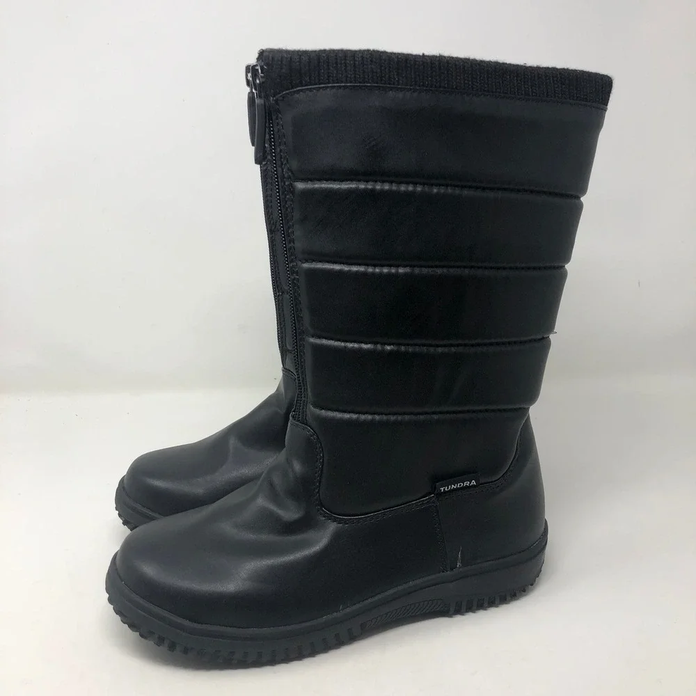 Tundra Puffy Winter Boots Kids 4M Black Quilted Side Zip Faux Fur Lined